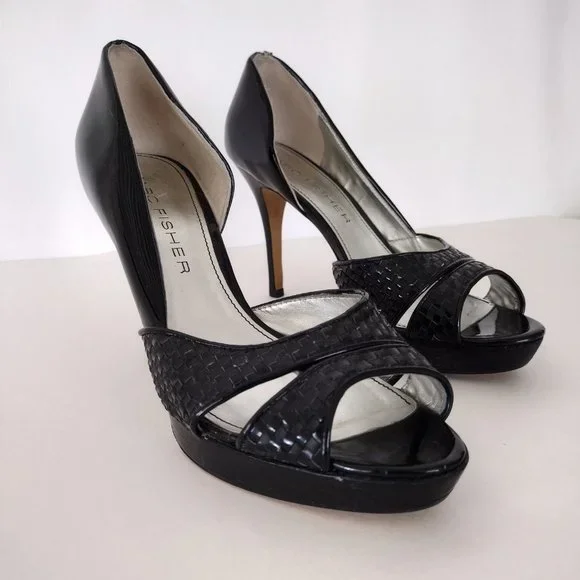Marc Fisher Black Platform Open Toe Patent Leather Stiletto Pumps - Picture 3 of 16